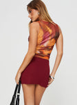 back view of model wearing Princess Polly Karley Low Waist Mini Skirt Burgundy Mini Skirts 