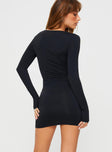 back view of model wearing Princess Polly Back In Time Long Sleeve Mini Dress Black Square Neck 