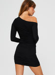 back view of model wearing Princess Polly Orara Long Sleeve Mini Dress Black Asymmetric Neckline 