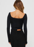 back view of model wearing Princess Polly Maidenwell Contrast Long Sleeve Top Black Full Sleeves Square Neck 