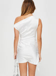 back view of model wearing Princess Polly Original Sin Mini Dress White Asymmetric Neckline 