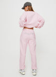 back view of model wearing Princess Polly Princess Polly Track Pants Script Baby Pink / Grey Mid Rise 