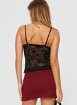 back view of model wearing Princess Polly Kerr Lace Top Black Sleeveless Sweetheart 