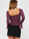 back view of model wearing Princess Polly Softer Side Long Sleeve Top Wine Full Sleeves Sweetheart 