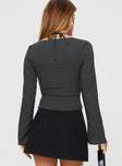 back view of model wearing Princess Polly Trynia Long Sleeve Top Grey Full Sleeves Square Neck 