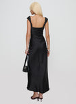 back view of model wearing Princess Polly Azura Off The Shoulder Maxi Dress Black Square Neck 