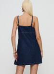 back view of model wearing Princess Polly Adria Denim Mini Dress Indigo Square Neck 