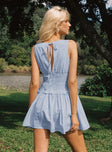 back view of model wearing Princess Polly Yennifer Shirred Mini Dress Blue / White Petite Boat Neck 