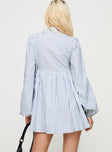 back view of model wearing Princess Polly Ronelle Collared Long Sleeve Mini Dress Blue Stripe V-Neck 