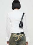 back view of model wearing Princess Polly Life Goes By Shirt White Full Sleeves V-Neck 