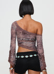 back view of model wearing Princess Polly Empty Space Top Leopard Full Sleeves Asymmetric Neckline 