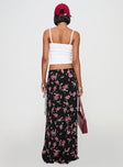 back view of model wearing Princess Polly Rhomana Maxi Skirt Black Floral Maxi 