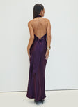 back view of model wearing Princess Polly Rosaminta Halter Maxi Dress Plum High Neck 