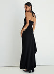 back view of model wearing Princess Polly Guisefene Halter Maxi Dress Black V-Neck 