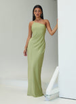 front view of model wearing Princess Polly Nehemiah One Shoulder Maxi Dress Chartreuse Asymmetric Neckline 