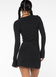 back view of model wearing Princess Polly Waldin Long Sleeve Mini Dress Black V-Neck 