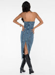 back view of model wearing Princess Polly Smokeshow Strapless Midi Dress Blue Denim Sweetheart Neckline 