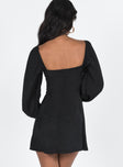 back view of model wearing Princess Polly Floreto Long Sleeve Mini Dress Black Sweetheart Neckline 