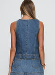 back view of model wearing Princess Polly Stefenie Denim Tie Top Mid Wash Sleeveless Square Neck 