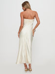 back view of model wearing Princess Polly Cyprian Strapless Maxi Dress Champagne Sweetheart Neckline 