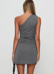 back view of model wearing Princess Polly Wazabi One Shoulder Mini Dress Slate Grey Asymmetric Neckline 