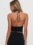 back view of model wearing Princess Polly Norwalk Plunge Neck Top Black Sleeveless Plunger 