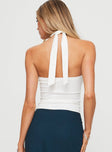 back view of model wearing Princess Polly Merril Halter Top White Sleeveless High Neck 