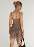 back view of model wearing Princess Polly Immunity Asymmetrical Mini Dress Leopard V-Neck 