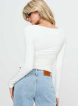 back view of model wearing Princess Polly Jakob Long Sleeve Top White Full Sleeves Scoop Neck 