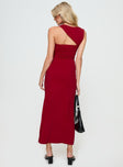 back view of model wearing Princess Polly Smithy Maxi Dress Red Asymmetric Neckline 