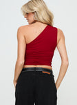 back view of model wearing Princess Polly Annem One Shoulder Top Red Sleeveless Asymmetric Neckline 