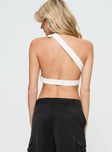 back view of model wearing Princess Polly Buckled Down One Shoulder Top White Sleeveless Asymmetric Neckline 