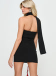 back view of model wearing Princess Polly 1999 Mini Dress Onyx Asymmetric Neckline 