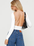 back view of model wearing Princess Polly Gatewood Long Sleeve Bodysuit White Tall Full Sleeves Boat Neck 