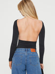 back view of model wearing Princess Polly Gatewood Long Sleeve Bodysuit Black Tall Full Sleeves Boat Neck 