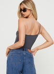 back view of model wearing Princess Polly Hutter Bodysuit Grey Tall Sleeveless Asymmetric Neckline 