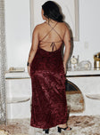 back view of model wearing Princess Polly Zotta Maxi Dress Burgundy Curve Square Neck 