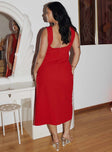 back view of model wearing Princess Polly Metrick Midi Dress Red Curve Sweetheart Neckline Sweetheart Neckline 