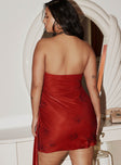 back view of model wearing Princess Polly Quinlan Strapless Mini Dress Red Curve Straight Neck 