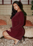 side view of model wearing Princess Polly Leshner Long Sleeve Mini Dress Burgundy Curve 