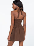 back view of model wearing Princess Polly Rhea Mini Dress Brown Square Neck 