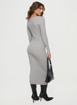 Long sleeve maxi dress  Knit-like material, sweetheart neckline Good stretch, unlined