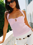 front view of model wearing Princess Polly Isabetta Halter Top Pink Sleeveless Sweetheart 