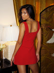 back view of model wearing Princess Polly Bombshell Mini Dress Red Tall Square Neck 