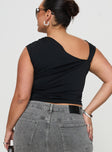 back view of model wearing Princess Polly Ander Top Black Curve Short Sleeves Asymmetric Neckline 