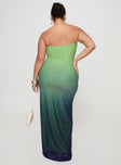 back view of model wearing Princess Polly Stolen Love Strapless Maxi Dress Blue / Green Ombre Curve Straight Neck 