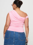 back view of model wearing Princess Polly Beller Top Pink Curve Sleeveless Asymmetric Neckline 