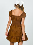 back view of model wearing Princess Polly Daniela Mini Dress Chocolate Brown 