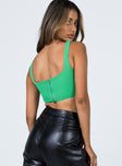 back view of model wearing Princess Polly Kaeshia Rib Bustier Green Sleeveless Square Neck 