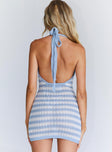 back view of model wearing Princess Polly Blue Moon Crochet Mini Dress White / Blue 